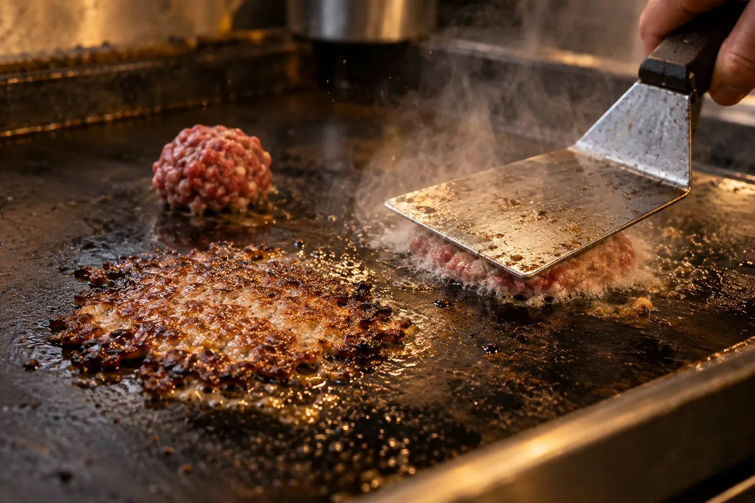 Thin smash burger patties being pressed on a hot flat-top griddle
