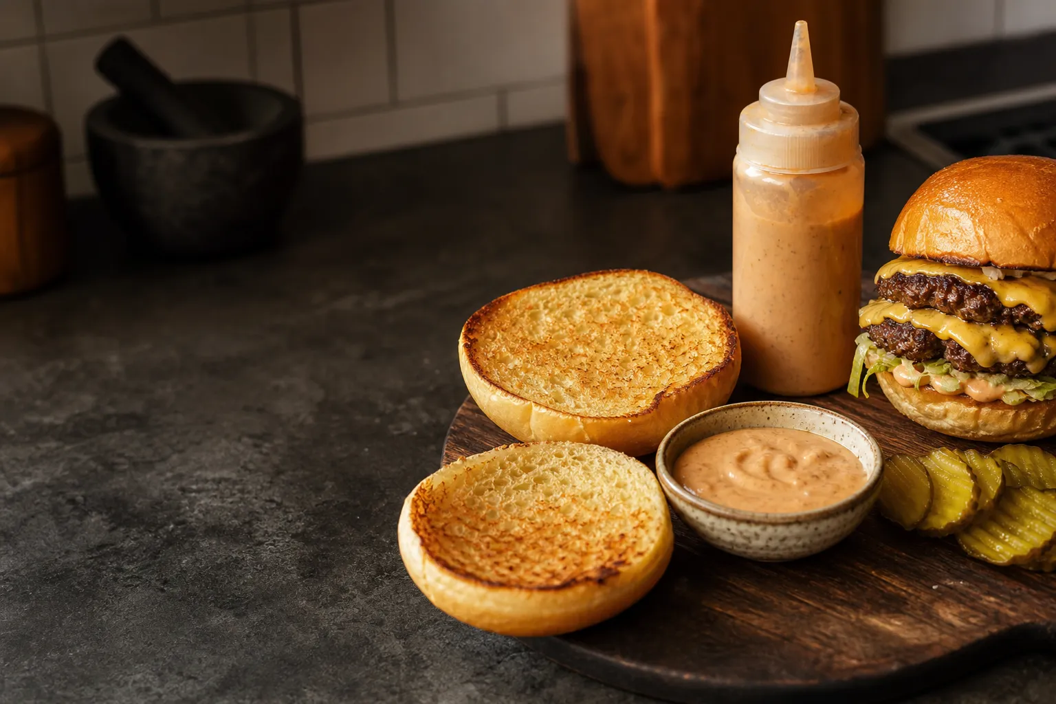 Toasted buns, burger sauce, and pickles on a kitchen counter