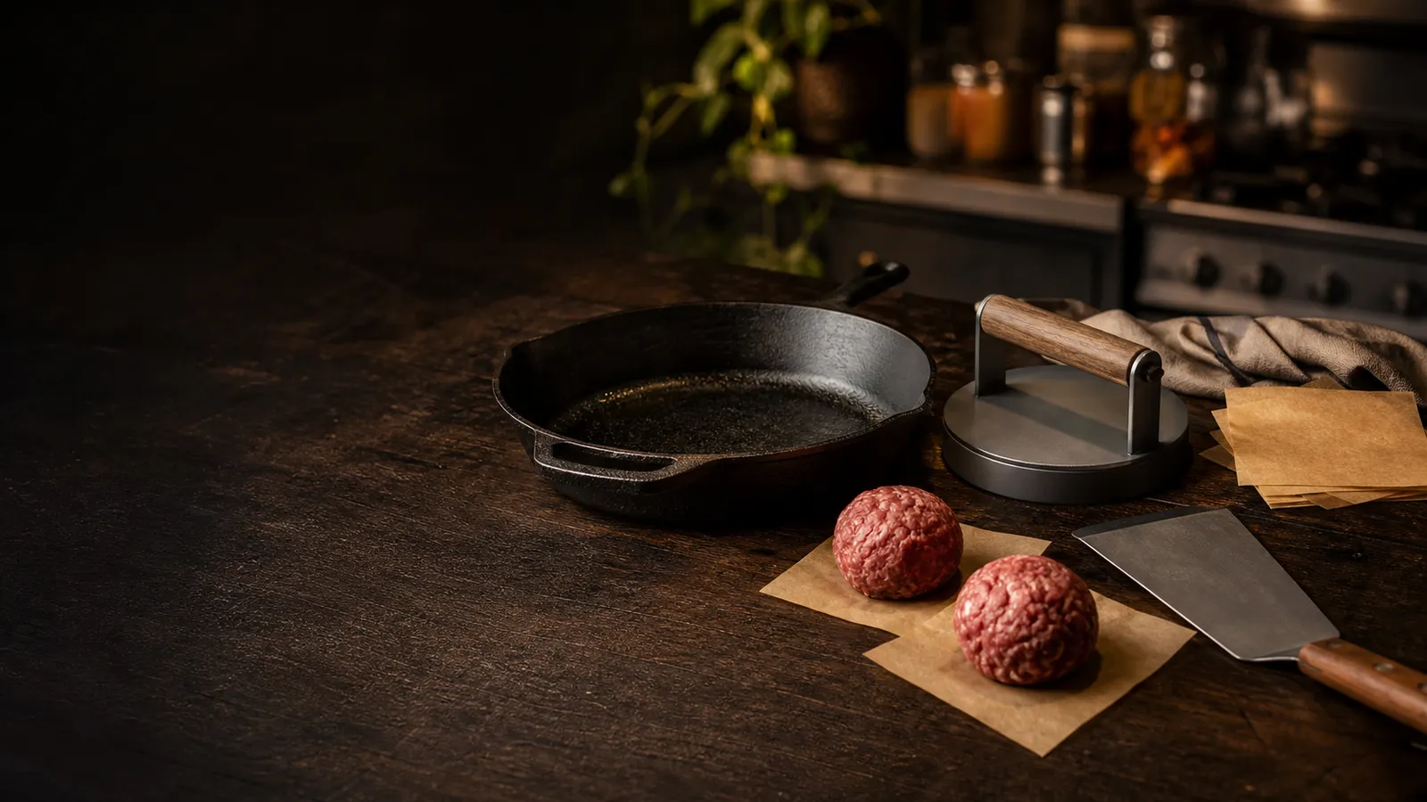 Cast-iron skillet, burger press, parchment, spatula, and beef ready for a home smash burger cook