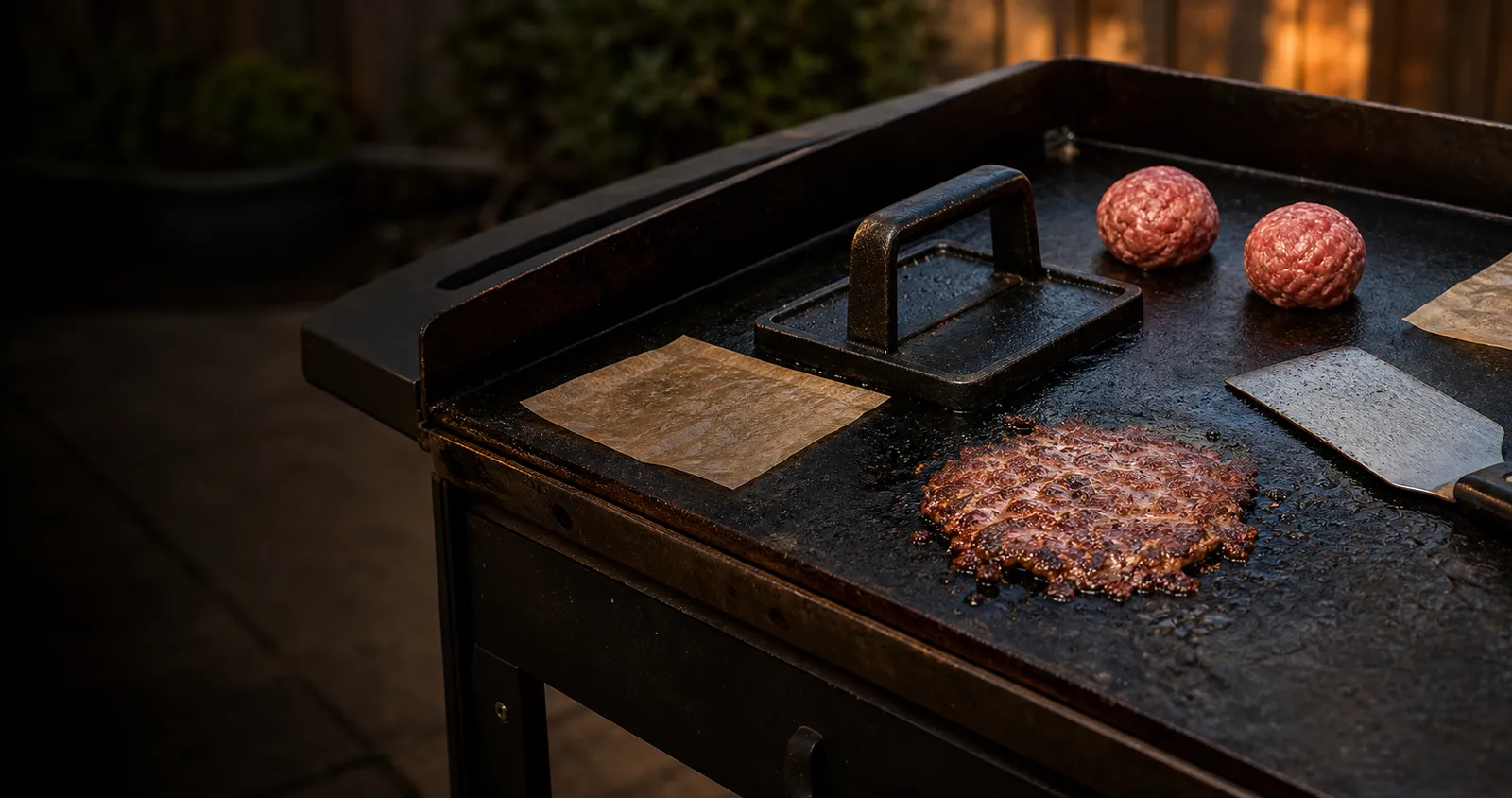 Cast-iron press and patties on a hot flat-top griddle