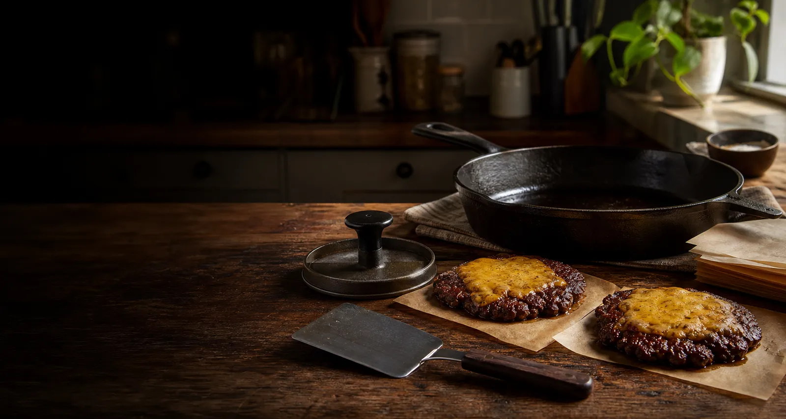A cast-iron skillet, burger press, spatula, and crisp smash patties on a kitchen counter