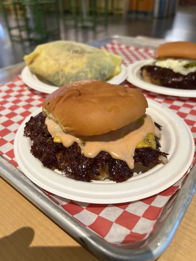 Smish Smash double cheeseburger in San Francisco showing crispy smashed patty edges and soft potato roll