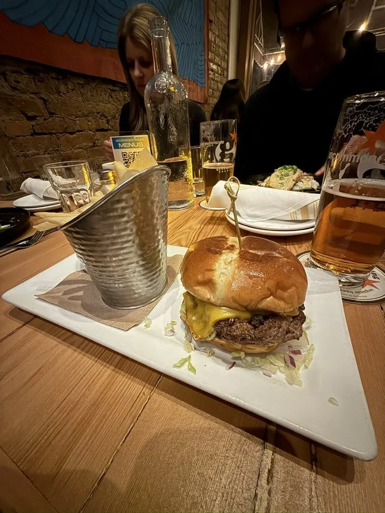 Cheeseburger, fries, and beer at Uncommon Ground in Chicago