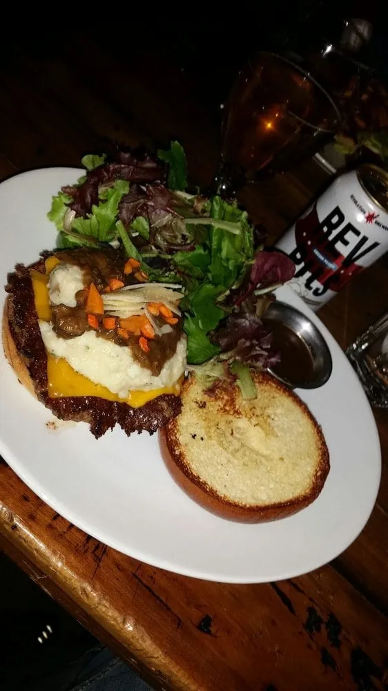 Burger at Babcock's Grove House with toasted bun and fries