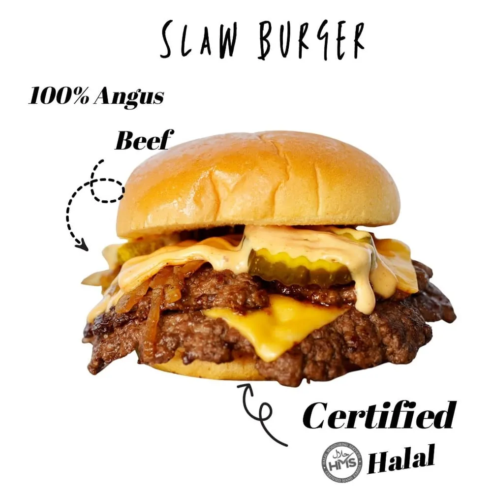 Slaw Burger smashburger with crispy halal beef patties