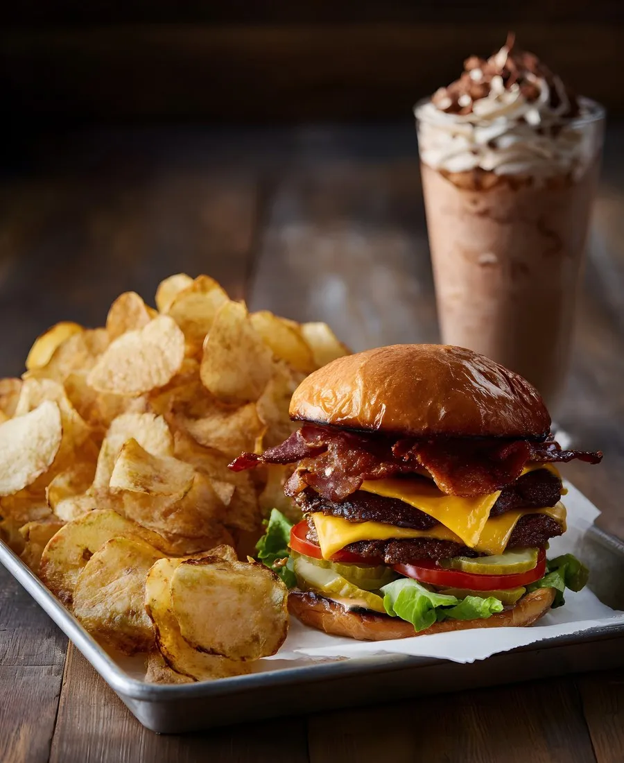 Red Barn Burgers bacon double burger with chips and a shake