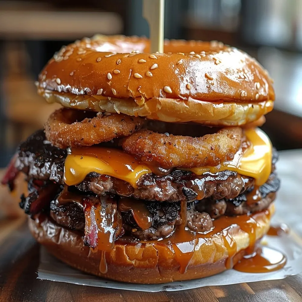 Red Barn Burgers double burger with cheddar, bacon, onion rings, and sauce